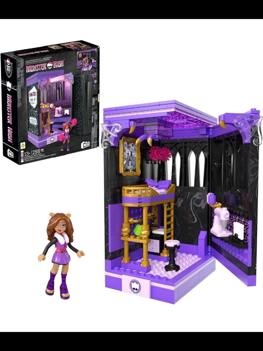 Rare 2024 MEGA Monster High Clawdeen's Light Up Boo-k Den with 299 Piece NIB
